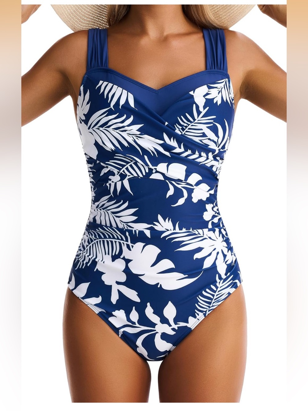 One Piece Swimsuit  Tummy Control Wide Straps Cross Front Full Coverage L
